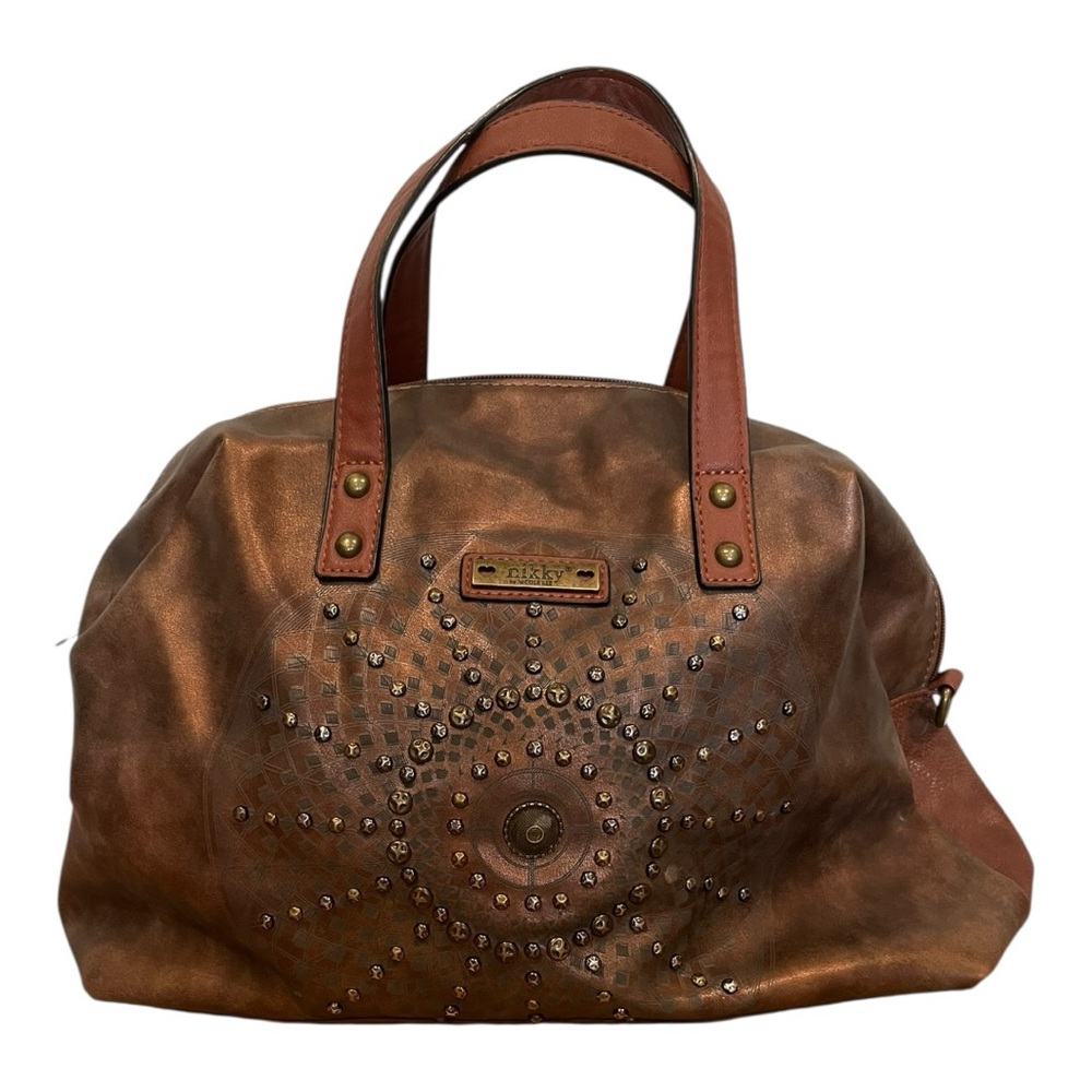Nikkei by Nicole Lee faux leather studded star burst pattern copper colored bag